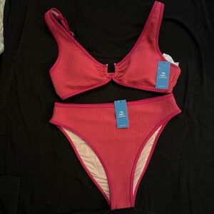 NWT Cupshe Pink Wave U-Ring Bikini Top & High-Rise Bottoms Set